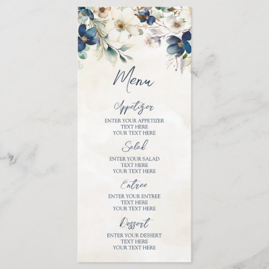 Elegantes blaues Blumen-Winterhochzeitsmenü Menükarte (Vorderseite)