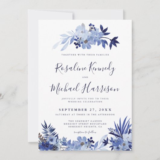 Elegantes blaues Blumenblatt Moderne Hochzeit in N Einladung (Vorderseite)