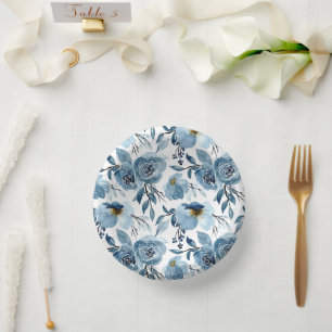 Elegantes blaues Blumenblatt und weißes Party Pappteller