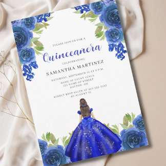 Elegantes blaues Blumenkleid Quinceañera Einladung