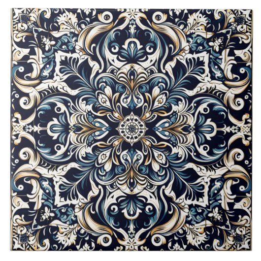 Elegantes blaues Blumenmuster Fliese (Vorderseite)