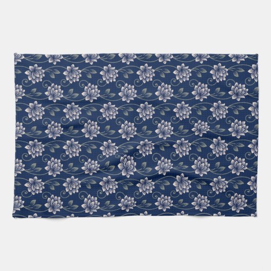 Elegantes blaues Blumenmuster Geschirrtuch (Horizontal)