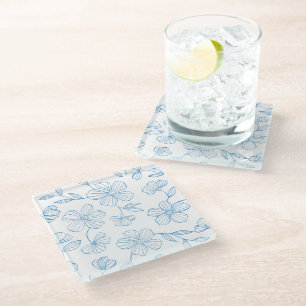 Elegantes blaues Blumenmuster mit Umrandung Glasuntersetzer