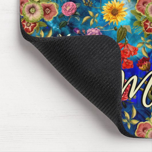 Elegantes blaues Blumenmuster Monogramm Mousepad (Ecke)