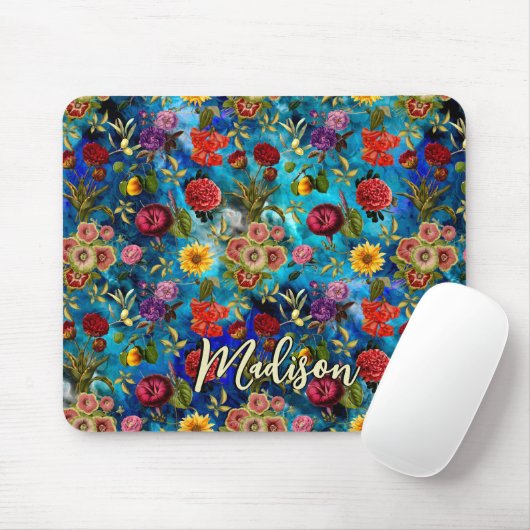 Elegantes blaues Blumenmuster Monogramm Mousepad (Mit Mouse)