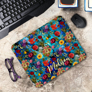 Elegantes blaues Blumenmuster Monogramm Mousepad