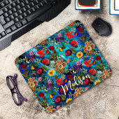 Elegantes blaues Blumenmuster Monogramm Mousepad
