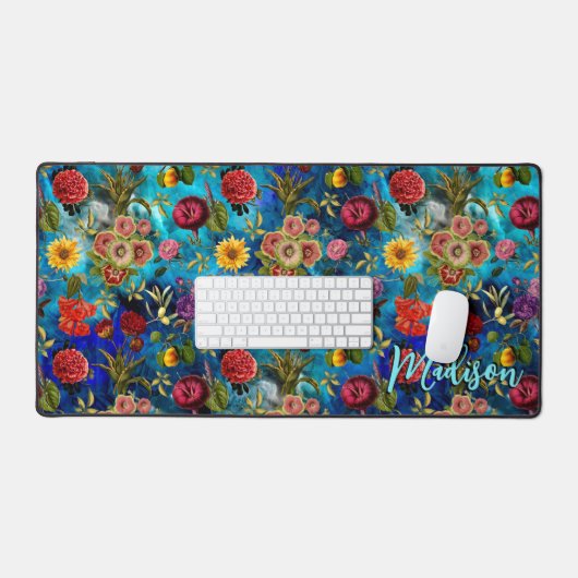 Elegantes blaues Blumenmuster Monogramm Schreibtischunterlage (Tastatur & Maus)