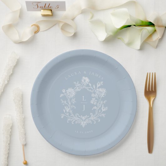 Elegantes blaues Blumenwappen-Monogramm Hochzeit Pappteller (Hochzeit)