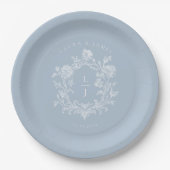 Elegantes blaues Blumenwappen-Monogramm Hochzeit Pappteller (Vorderseite)