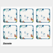 Elegantes blaues botanisches Schmetterlings-Monogr Quadratischer Aufkleber (Blatt)