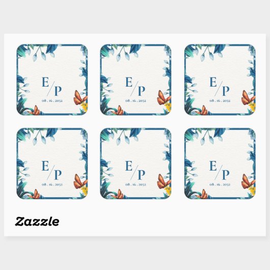 Elegantes blaues botanisches Schmetterlings-Monogr Quadratischer Aufkleber (Blatt)