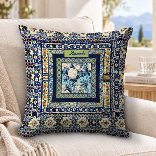 Elegantes blaues Chinoiserie-Blumenmonogramm Kissen