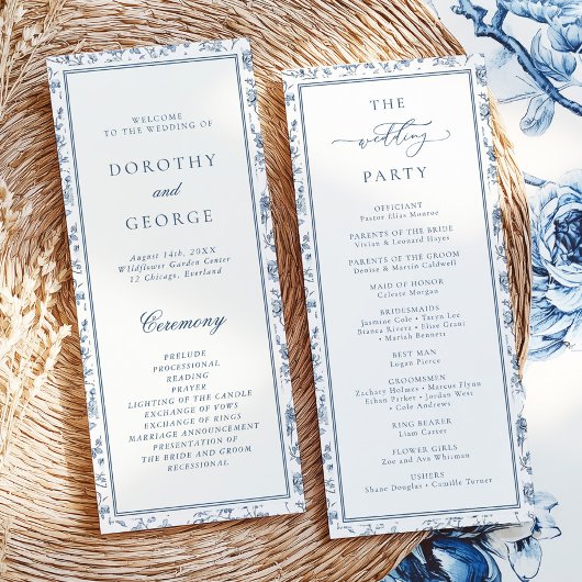 Elegantes blaues Chinoiserie-Hochzeitsprogramm Einladung