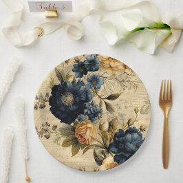 Elegantes blaues Cream Floral Muster Pappteller