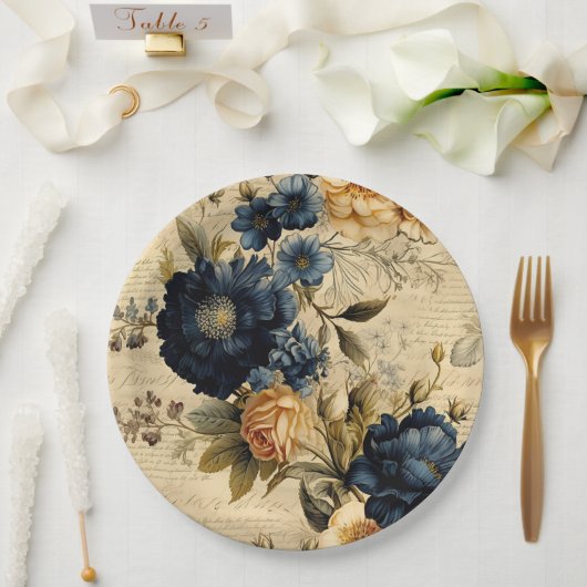 Elegantes blaues Cream Floral Muster Pappteller (Hochzeit)