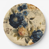 Elegantes blaues Cream Floral Muster Pappteller (Vorderseite)