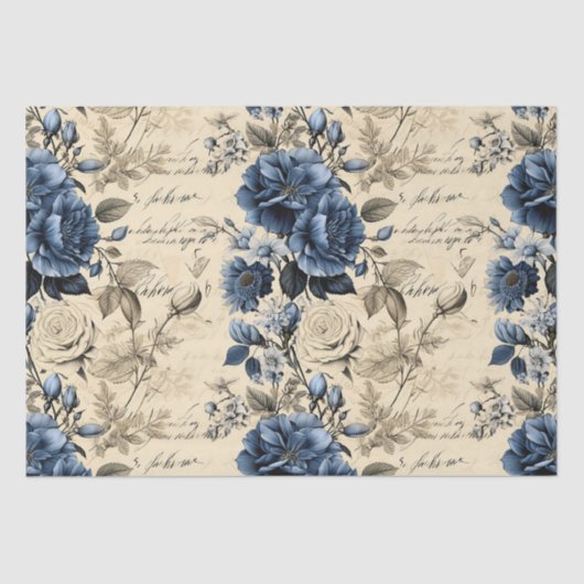 Elegantes blaues Cream Floral Muster Seidenpapier (Vorderseite)