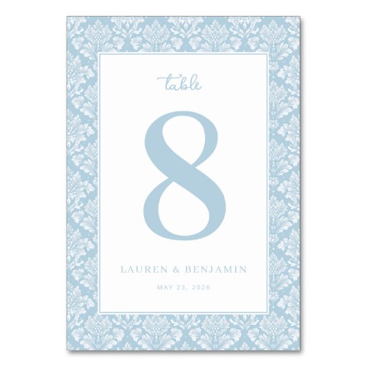 Elegantes blaues Damast-Tischschild Tischnummer (Vorderseite)