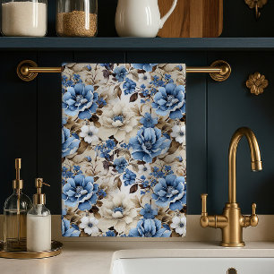 Elegantes blaues Elfenbein Blumen weiches Küchentu Geschirrtuch