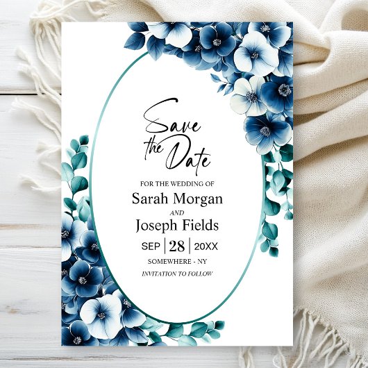 Elegantes blaues Flora Oval Save the Date Einladung