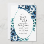 Elegantes blaues Flora Oval Save the Date Einladung (Vorderseite)