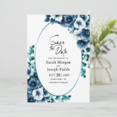 Elegantes blaues Flora Oval Save the Date Einladung (Stehend Vorderseite)