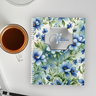 Elegantes blaues Floral mit silberfarbenem Monogra Planer