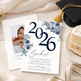 Elegantes Blaues Florales Abschlussfoto 2026 Einladung