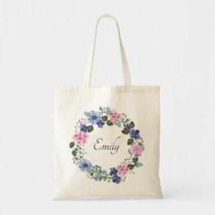 Elegantes blaues florales Brautjungfern-Monogramm- Tragetasche