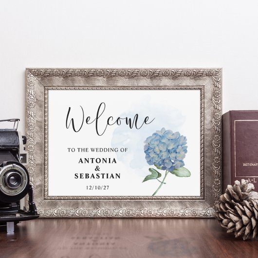 Elegantes blaues florales Hydrangea-Hochzeitsschil Poster