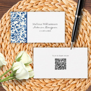 Elegantes Blaues Florales mit QR-Code  Visitenkarte