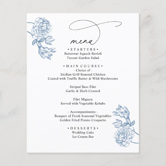 Elegantes blaues florales modernes Skript Hochzeit (Vorderseite)
