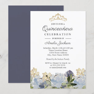 Elegantes blaues florales Wasserfarben-Quinceanera Einladung