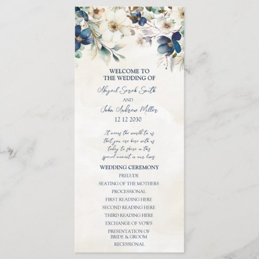 Elegantes blaues florales Winterhochzeitsprogramm Programm (Vorderseite)