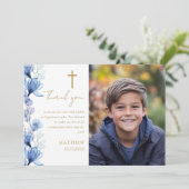 Elegantes blaues Foto Dankeskarte (Stehend Vorderseite)