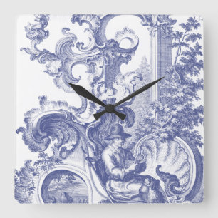 Elegantes blaues französisches barockes Toile Quadratische Wanduhr