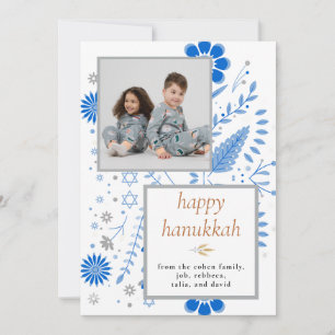 Elegantes blaues Frohes Chanukka Familien 1 Foto Feiertagskarte