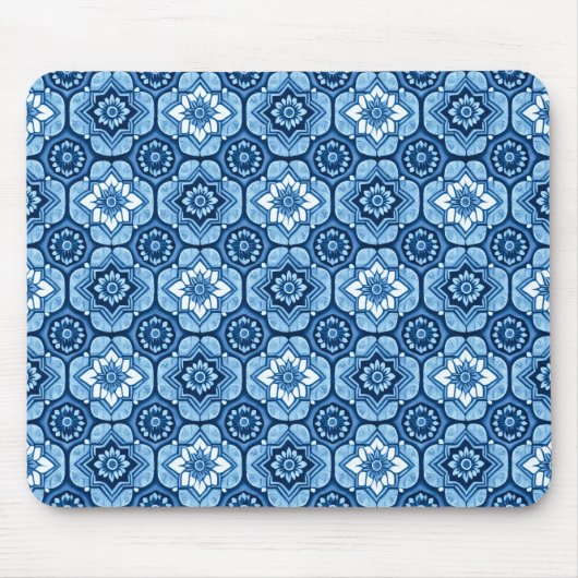 Elegantes blaues geometrisches Blumenmuster Mousepad (Vorne)
