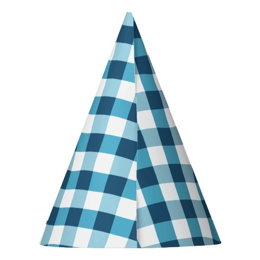 Elegantes blaues Gingham-Muster-personalisierter Partyhütchen (Rückseite)