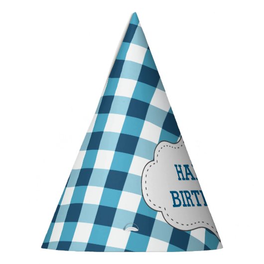 Elegantes blaues Gingham-Muster-personalisierter Partyhütchen (Links)