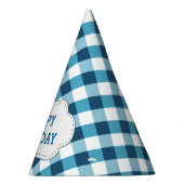 Elegantes blaues Gingham-Muster-personalisierter Partyhütchen (Rechts)