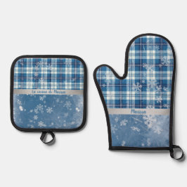 Elegantes blaues Gittermuster personalisiert  Ofenhandschuh & Topflappen-Set