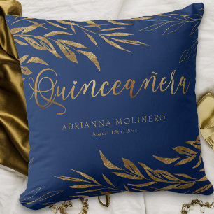 Elegantes Blaues Goldblatt-Persönliches Quinceaner Kissen