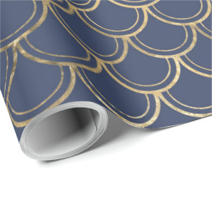 Elegantes blaues Goldmedaille Fish Scales Muster Geschenkpapier