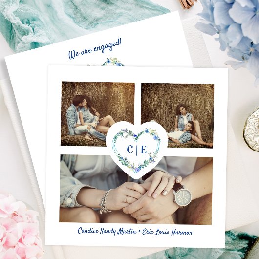 Elegantes blaues Herz 3 Fotos Verlobung Save The Date