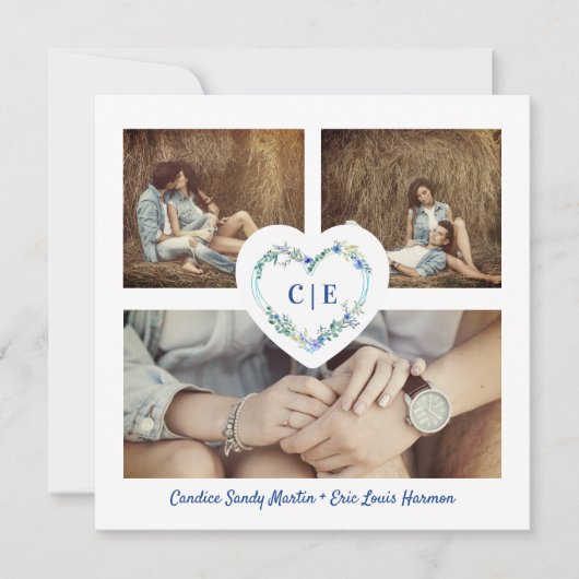 Elegantes blaues Herz 3 Fotos Verlobung Save The Date (Vorderseite)