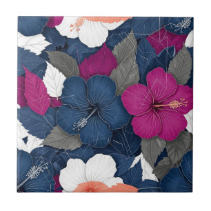 Elegantes blaues Hibiskus-Blumenmuster (3) Fliese