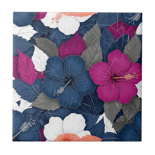 Elegantes blaues Hibiskus-Blumenmuster (3) Fliese (Vorderseite)