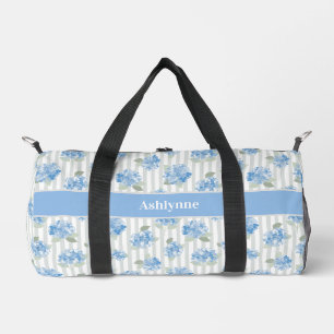 Elegantes Blaues Hortensienmuster Grauer Streifen  Duffle Bag